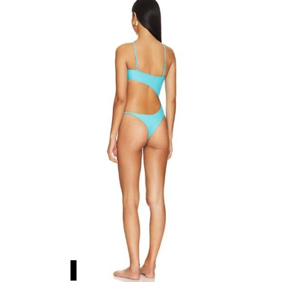 NWT superdown Valerie Asymmetric Cutout Unpadded One Piece Swimsuit Aqua Blue L - Picture 4 of 12